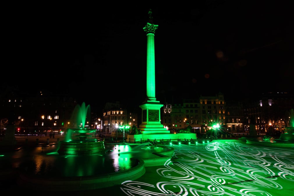 Nelson's column in green for St Patrick's Day